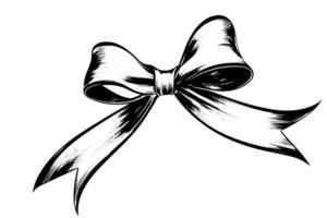 Vintage Christmas Gift Hand-Drawn Bow and Ribbon Sketch in Woodcut Style. vector