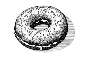 Tasty donut engraving style. Hand drawn ink sketch illustration. vector