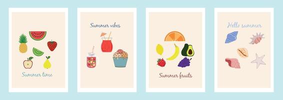 Set of cute modern summer posters, cards. Ice cream, fruit, sea life, cocktails. Interior print for a children's room. illustration of summer vacation, travel, vacation, wall art. vector