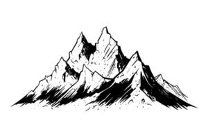 Hand drawn ink sketch of mountain landscape. Engraved style logotype illustration. vector