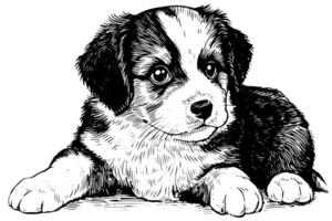 Cute puppy hand drawn ink sketch. Dog in engraving style illustration. vector