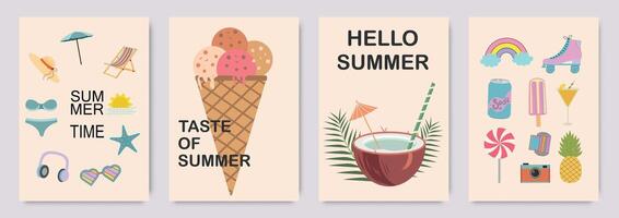 Set of cute summer posters with scrapbooking elements for beach party, ice cream, coconut cocktail, fruit. illustration of summer holidays and recreation. vector