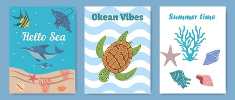 Summer posters with marine life elements. Nautical summer banner template design with starfish, shells, coral, turtle, fish. Summer holiday and vacation concept with cartoon cute sea life elements. vector