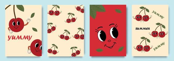 Set of hippie summer posters with cheerful cherry blossom characters. Cute cartoon cherry in a groovy style. vector