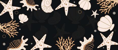 Sea summer background with seashells. Sea banner template design with starfish and corals on a black background with space for text. illustration. Summer holiday and vacation concept. vector