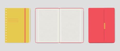 Realistic diary template. Notepad with blank open page in line, notepad with clasp, notebook with metal spiral. Stationery items concept. vector