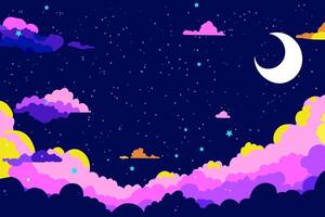 Cartoon starry background. Cloud, crescent and stars in darkness print graphic. vector