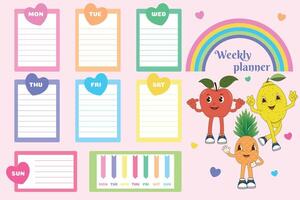 calendario diario. semanal planificador en pizarra, inspiración para niños, bloc diseño elementos, personal modelo con dibujos animados caracteres para colegio calendario y notas vector