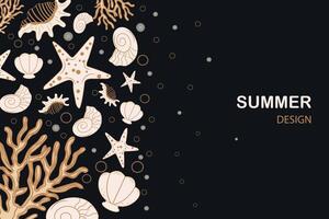 Sea summer background with seashells. Sea banner template design with starfish and corals on a black background with space for text. Summer holiday and vacation concept. vector