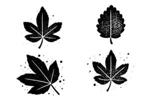 Set of lino cut stamp black leaves and branch imprints on white background. Hand drawn floral elements. vector