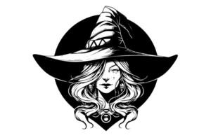 Witch halloween woman hand drawn ink sketch. Engraving style illustration vector