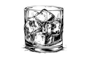 Glass of whiskey or bourbon hand drawn in sketch. Engraving style illustration. vector