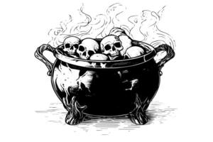 Boiling witch's cauldron hand drawn ink sketch. Engraving style illustration. vector