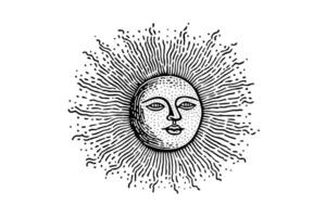 Vintage Celestial Face Engraved Retro Illustration of Sun and Moon. vector