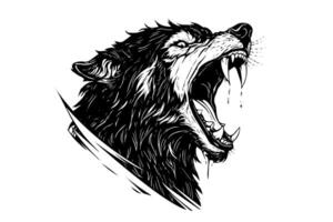 Angry wolf head hand drawn ink sketch. Engraving vintage style illustration. Design for logotype, mascot, print. vector