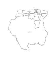 illustration of simplified administrative map of Suriname. Borders and names of the districts, regions. Black line silhouettes. vector