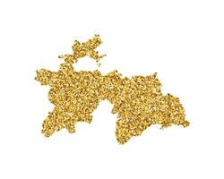 isolated illustration with simplified Tajikistan map. Decorated by shiny gold glitter texture. New Year and Christmas holidays decoration for greeting card. vector