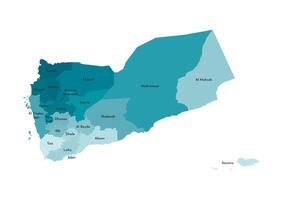 aislado ilustración de simplificado administrativo mapa de Yemen. fronteras y nombres de el regiones, gobernaciones. vistoso azul caqui siluetas vector