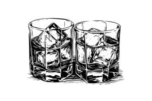 Glass of whiskey or bourbon hand drawn in sketch. Engraving style illustration. vector