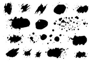 Grunge ink black paint splotch. Splash of paints, spray drops staining and frame with wet paint drop set. vector