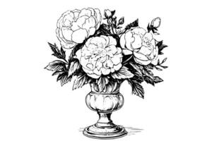 Vintage Hydrangea Sketch Hand-drawn Floral Illustration with Botanical Peony in Vase. vector