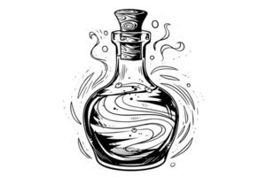 Magic bottle with potion hand drawn ink sketch. Engraved style illustration. vector