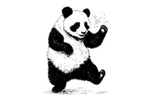 Dancing panda hand drawn ink sketch. Engraved style illustration. vector