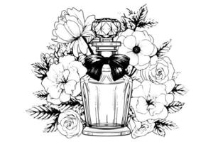 Clásico grabado perfume botella flor florecer bosquejo en carmesí logo. vector