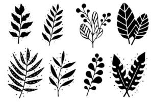 Set of lino cut stamp black leaves and branch imprints on white background. Hand drawn floral elements. vector