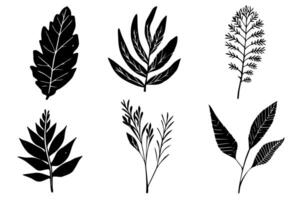 Set of lino cut stamp black leaves and branch imprints on white background. Hand drawn floral elements. vector