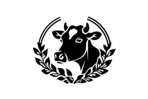 Minimalistic ink silhouette cow and branches logotype or emblem design. Isolated on white background. illustration. vector