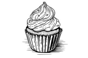 Cream cupcake hand drawn ink sketch. Engraved style retro illustration. vector