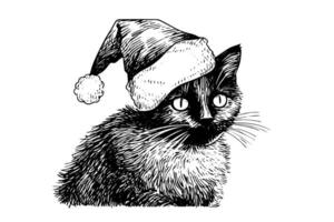 Christmas black cat in hat hand drawn ink sketch. Engraved style illustration. vector