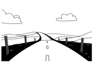 Simple road hand drawn ink sketch highway landscape. Engraved style illustration. vector