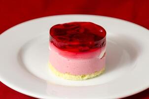 Raspberry dessert on white plate photo