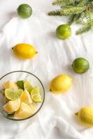 Lemons and limes with fir branch on the white background photo