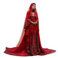 une femme dans une rouge robe permanent sur transparent Contexte png