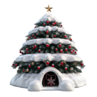 generado ai Navidad árbol con nieve en parte superior y un estrella en parte superior en transparente antecedentes png