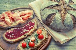 Bruschetta with different toppings photo