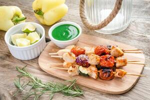 Grilled chicken skewers with zucchini and cherry tomatoes photo