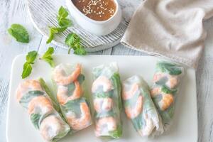 Shrimp rice paper rolls with peanut sauce photo