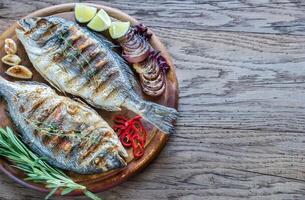 Grilled Dorade Royale Fish on the wooden board photo