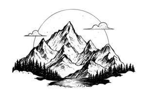 Hand drawn ink sketch of mountain with pine trees landscape. Engraved style logotype illustration. vector