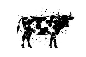 Black cow silhouette for meat industry or farmers market hand drawn stamp effect illustration. vector