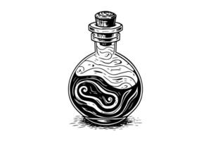 magia botella con poción mano dibujado tinta bosquejo. grabado estilo ilustración. vector