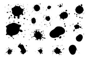 Grunge ink black paint splotch. Splash of paints, spray drops staining and frame with wet paint drop set. vector