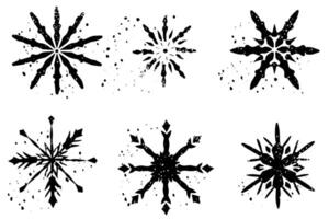 Grunge lino cut snowflakes stamps collection pack. Distressed textures set. Blank geometric shapes. Illustration. vector