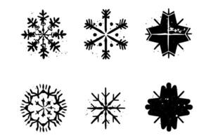 Grunge lino cut snowflakes stamps collection pack. Distressed textures set. Blank geometric shapes. Illustration. vector