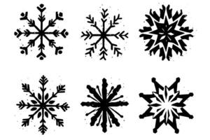 Grunge lino cut snowflakes stamps collection pack. Distressed textures set. Blank geometric shapes. Illustration. vector