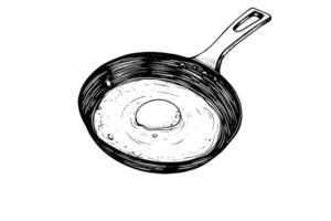 Fried egg on a frying pan hand drawn ink sketch. Engraving style illustration. vector